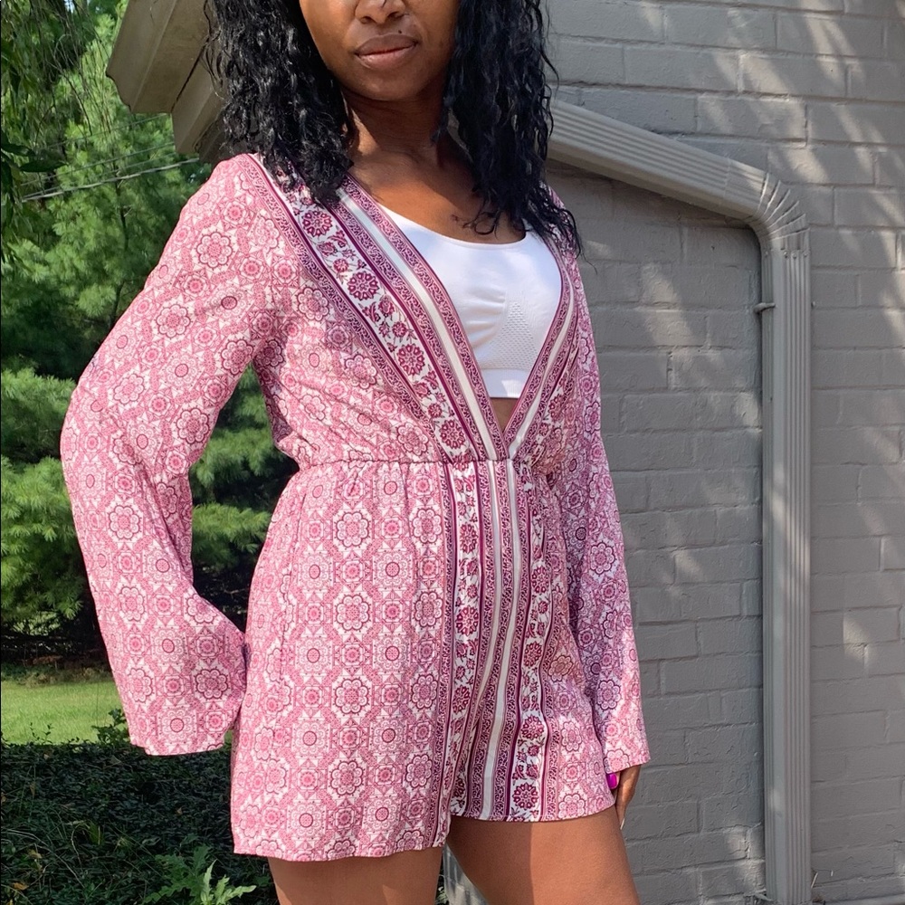 Altar’d State Burgundy White Long Sleeve Romper